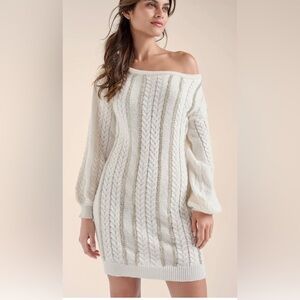 VENUS Off-Shoulder Cable Knit Dress - Cream